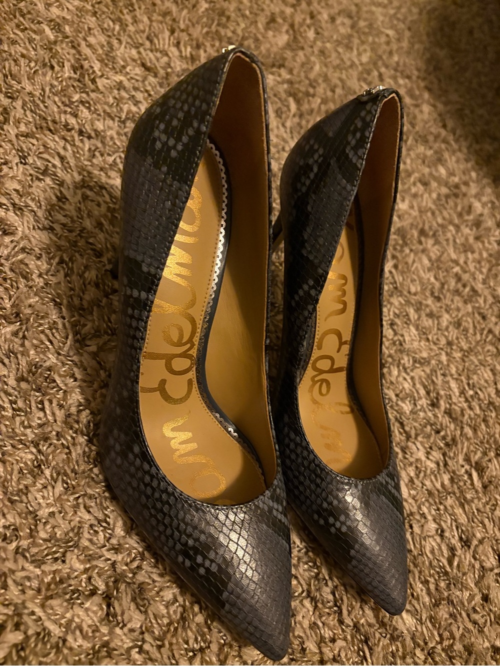 Sam Edelman Dark Gray Snake-Print Pointed Pumps